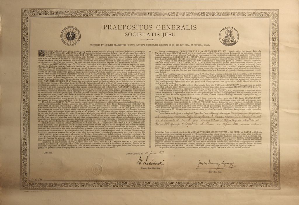 Document imprimé : diplôme d'érection de la confrérie de l'Immaculée Conception et de sainte Cécile dans l'église de Mugron, 21 juin 1932.