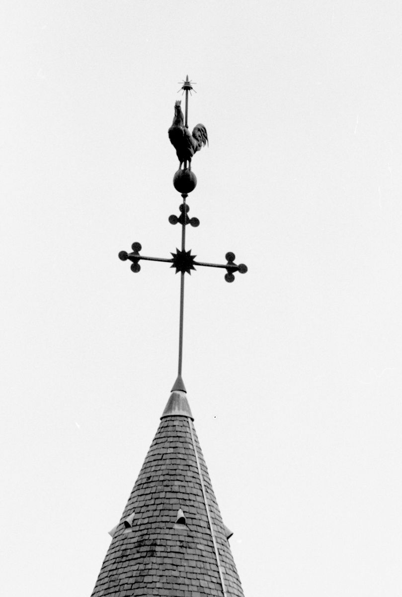 Vue du coq surmontant le clocher octogonal.