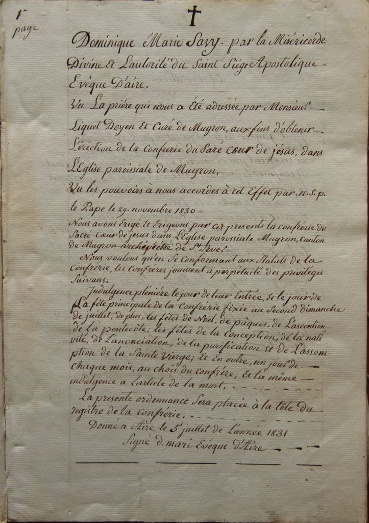 Dîplôme de nouvelle érection d'une confrérie du Sacré-Coeur à Mugron, par Dominique Marie Savy, évêque d'Aire, 5 juillet 1831 (AP Mugron).