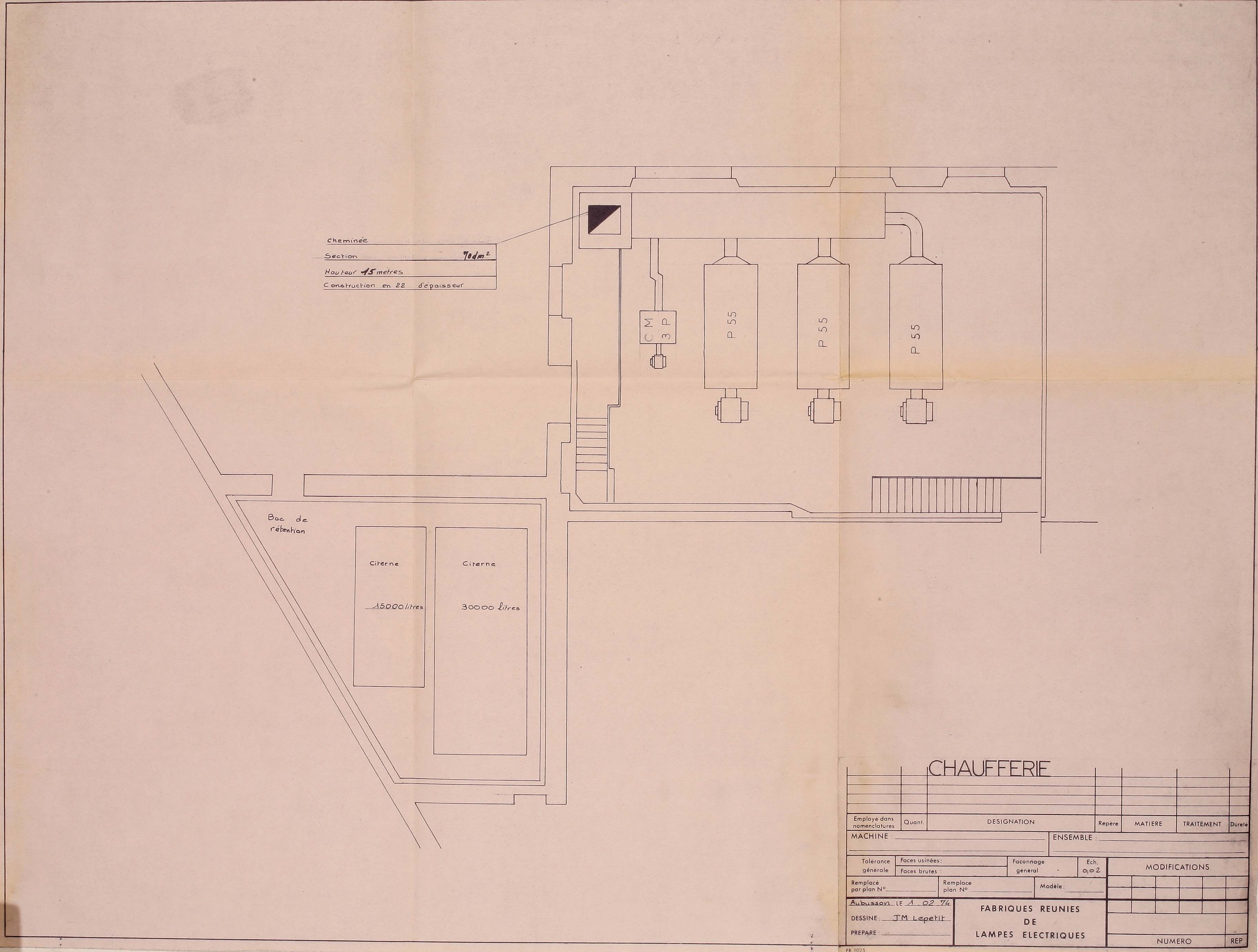 Plan de la chaufferie du bâtiment E de l'usine FRLE (1974) (AC Aubusson).
