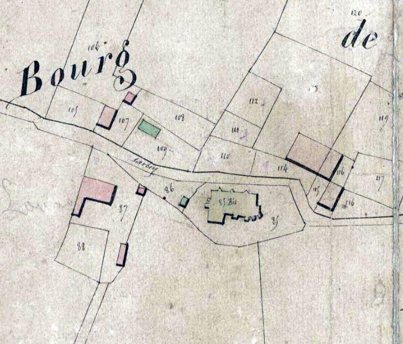 Extrait du plan cadastral de 1847, section C dite de l'Eglise, par Dupouy, géomètre (AD Landes, E dépôt 144/1 G 2) : plan de l'ancienne église.