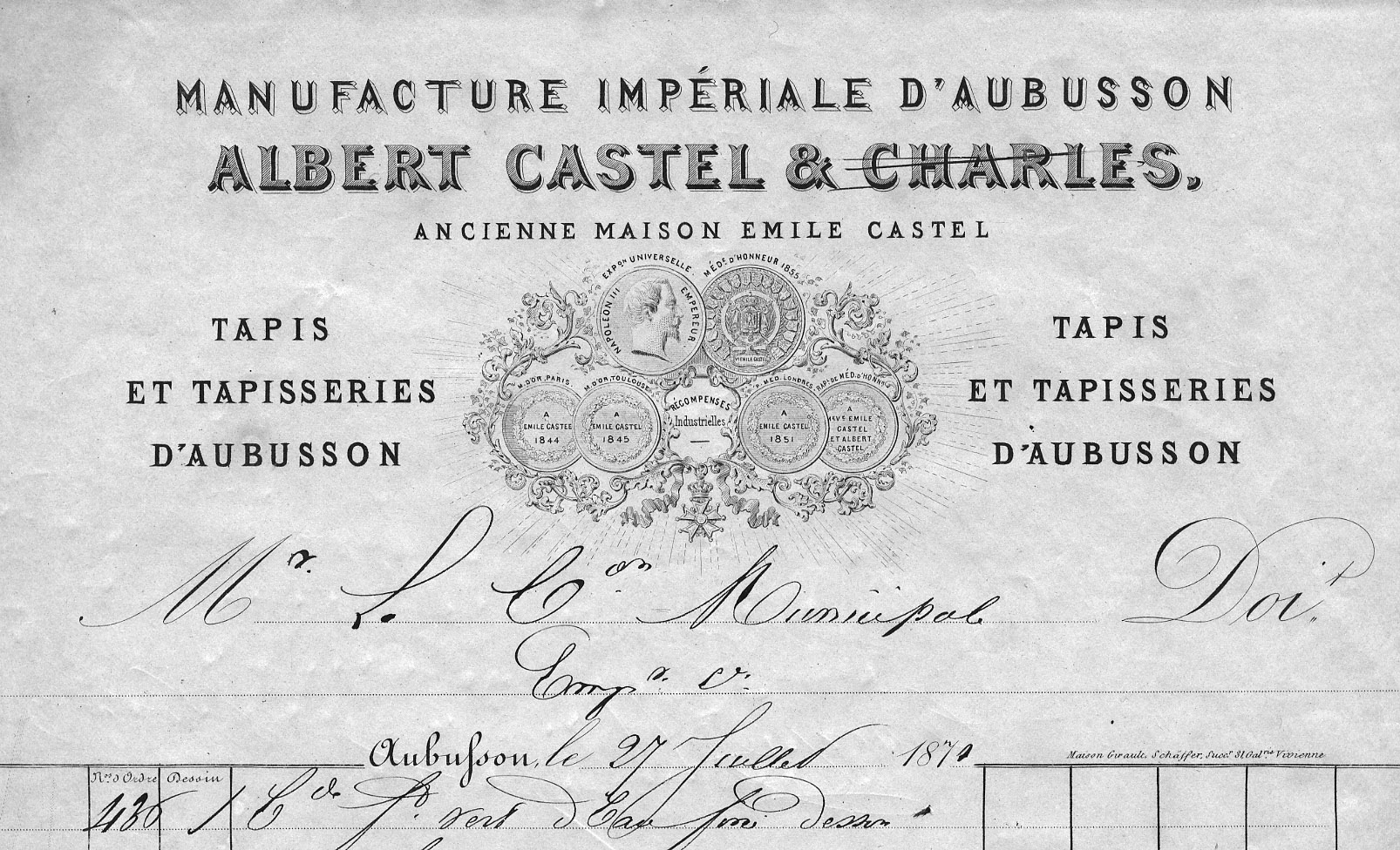 En-tête d'une lettre de la manufacture Albert Castel, 1870.