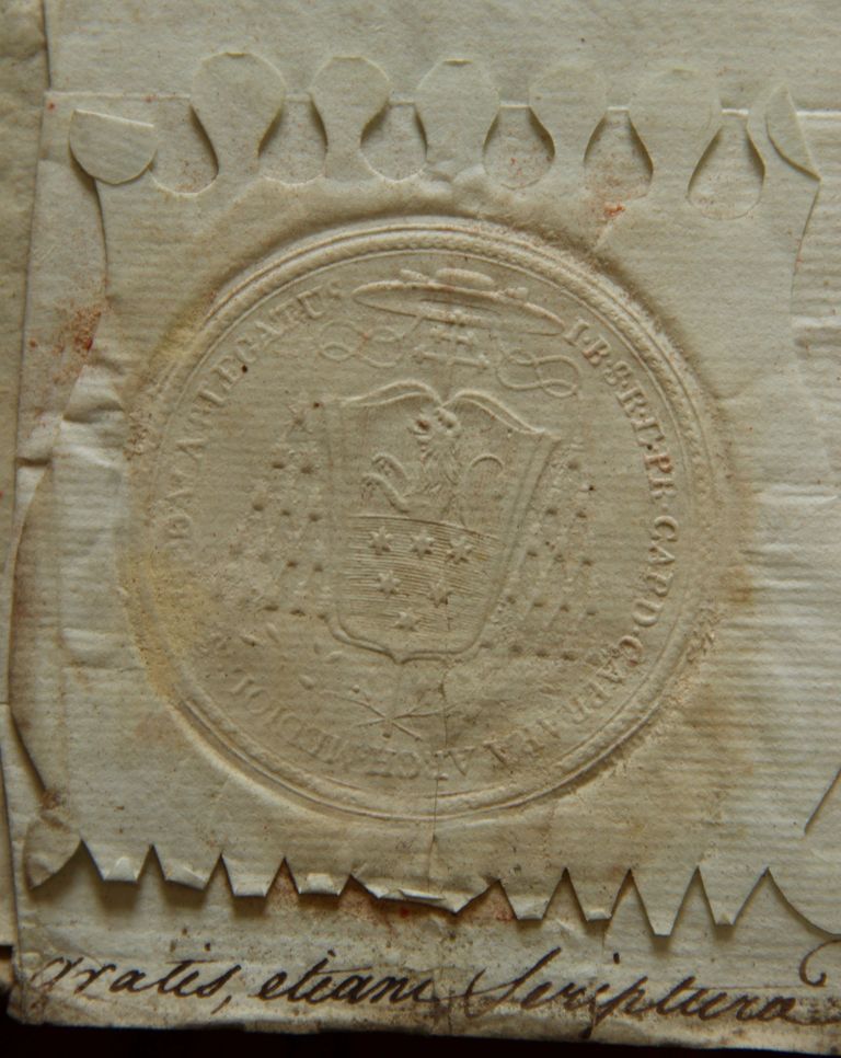 Dîplôme d'érection d'une confrérie du Sacré-Coeur à Mugron, par le cardinal Giovanni Battista Caprara, légat du pape en France, 11 aout 1807 (AP Mugron) : sceau du cardinal Caprara.