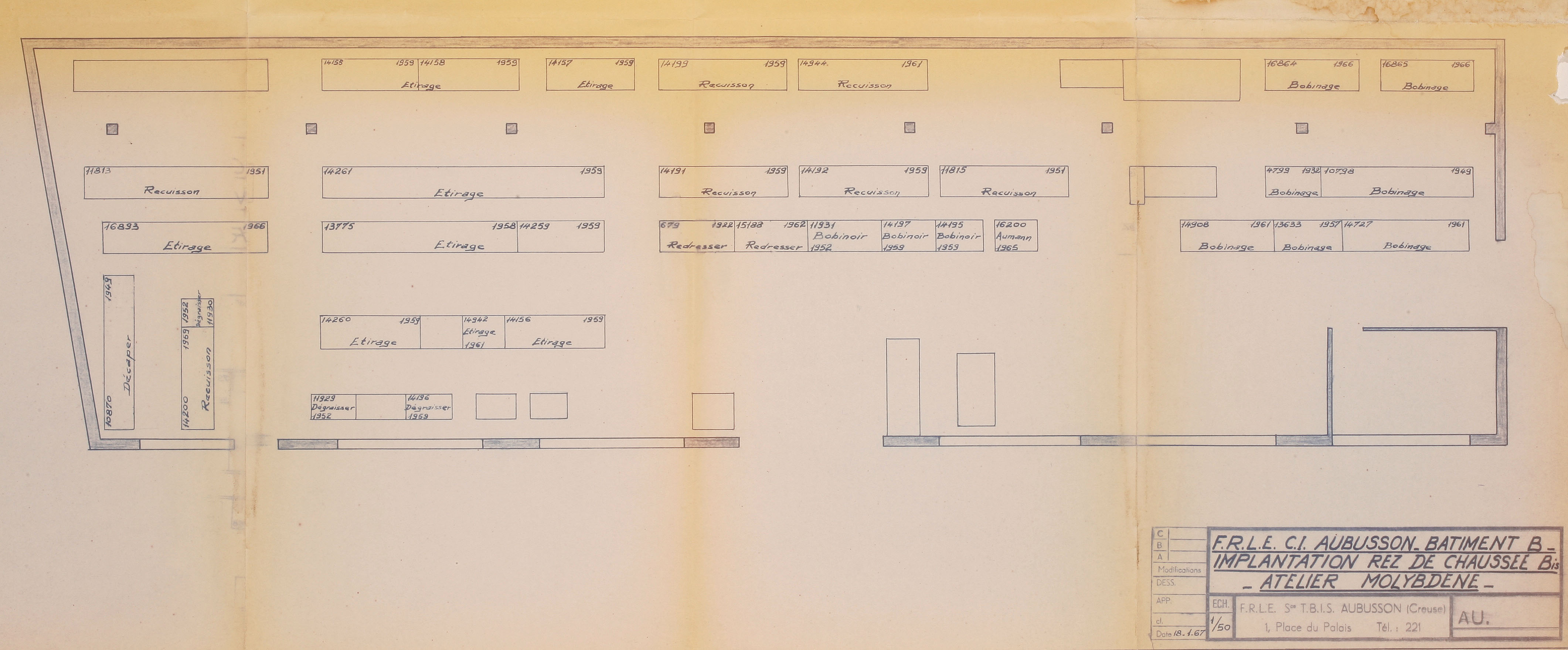 Plan du rez-de-chaussée du bâtiment B de la FRLE (1966), avec l'atelier Molybdène (du nom du métal utilisé pour fabriquer les filaments des lampes à incandescence) (AC Aubusson)