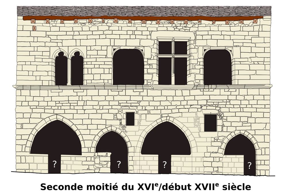 Relevé-restitution de l’élévation sur rue, seconde moitié du XVIe/début du XVIIe siècle (DAO : X. Pagazani, 2019).