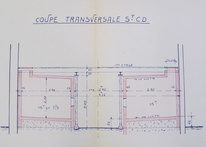Transformation du cuvier, solution A, plans et coupes, par Michel Garros, 20 mai 1960, détail de la coupe transversale.