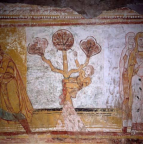 Église, voûte de la nef, cinquième travée, registre supérieur sud : personnage grimpant sur un arbre (plan n° 31).