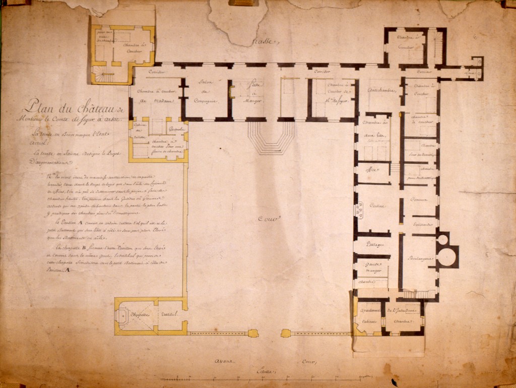 Plan du projet d'agrandissement du château d'Arsac par Bonfin, vers 1768.