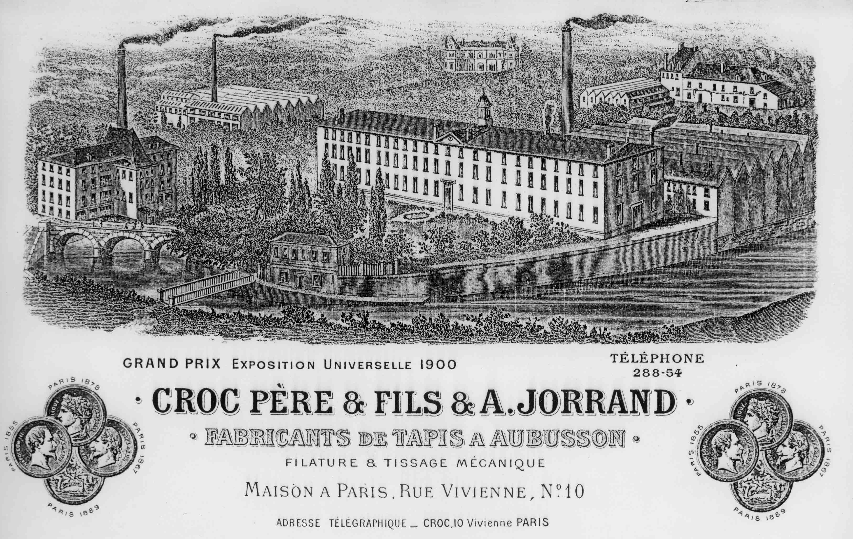 En-tête d'une lettre de la manufacture Croc-Jorrand (début 20e siècle), présentant une vue idéalisée des bâtiments de la filature Croc-Richen (Aubusson, centre de documentation du musée départemental de la Tapisserie)