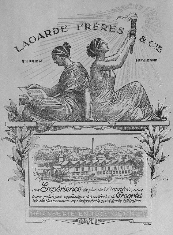 Affiche pour les établissements Lagarde frères et cie (femmes, livre et flambeau : Renommée et Savoir ?), signé PAL, vers 1930.