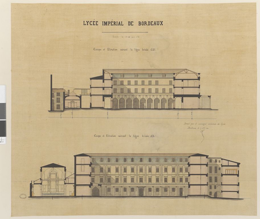 Elévations en coupes de 1861 du lycée installé dans les anciens couvents des Feuillants et de la Visitation.
