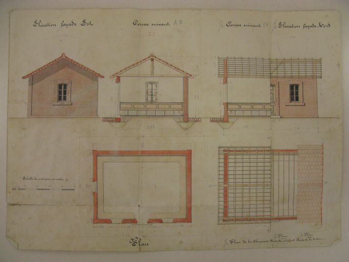 Plan, coupes et élévation du projet d'abri pour le débarcadère de Mortagne, 1878.