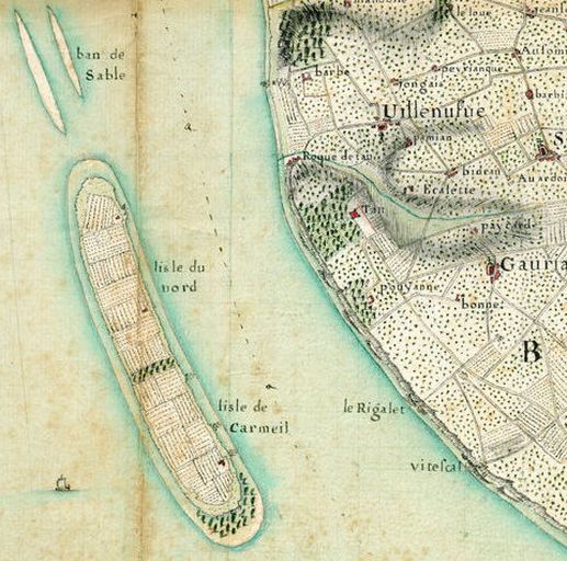 Extrait d'une carte de 1716 : indication de l'Ile du Nord et l'île de Carmeil.