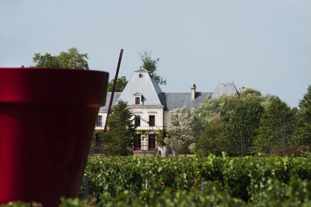 Château avec vignoble et oeuvre de Jean-Pierre Raynaud (Pot Rouge).