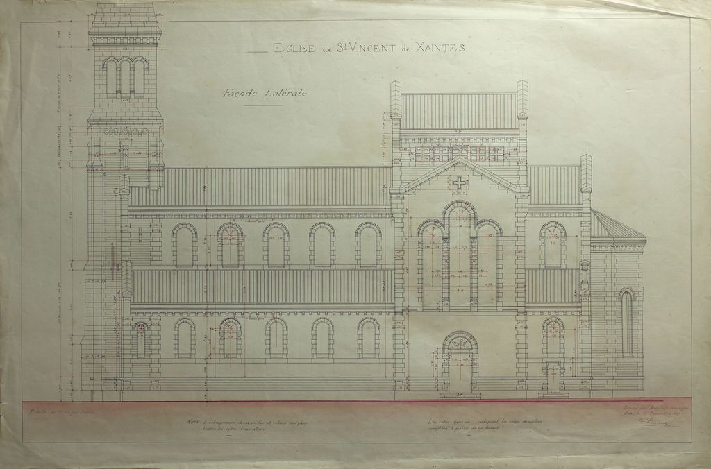 3e projet de reconstruction, par Edmond Ricard, 21 décembre 1891 : façade latérale.