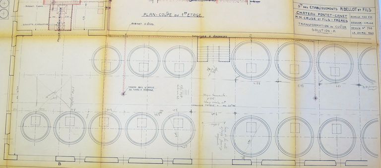 Transformation du cuvier, solution A, par Michel Garros, 20 mai 1960, détail du plan du cuvier bois.
