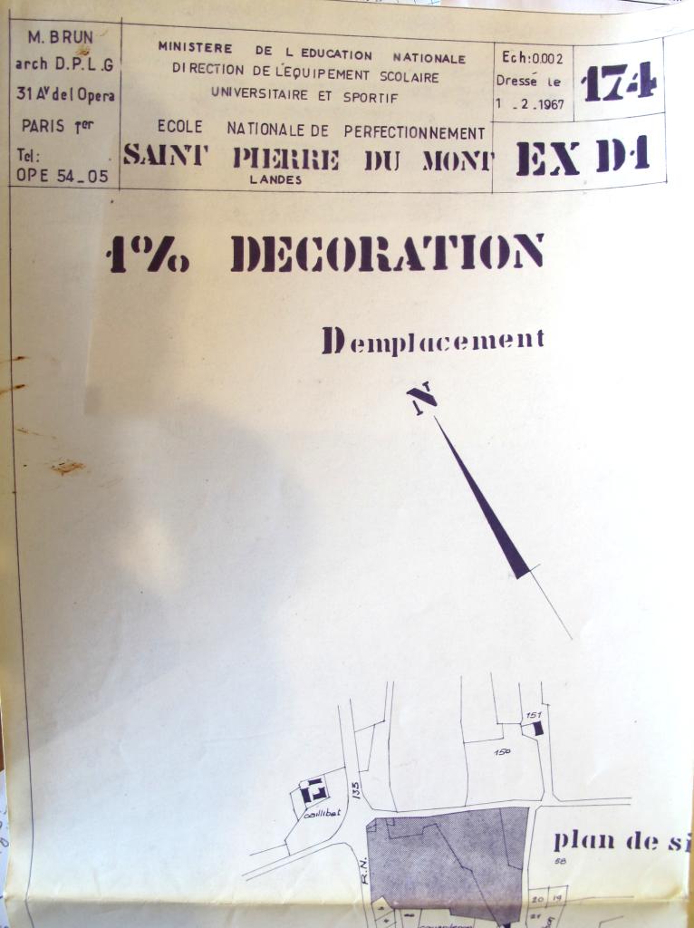 Cartouche d'informations du plan du lycée avec emplacement du 1% artistique. M. Brun architecte, 1967. (AN. 199880466/71)