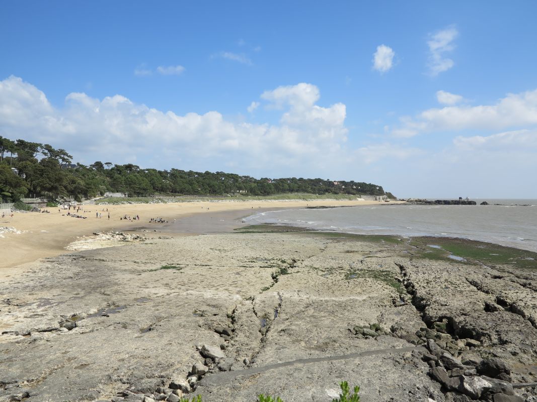 La plage et le platin rocheux de la conche du Platin vus depuis l'ouest.