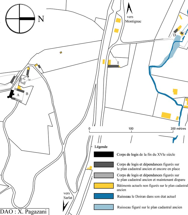 Plan restitué du domaine du Planchat (manoir et moulin) sur fond de plans cadastraux ancien et récent.