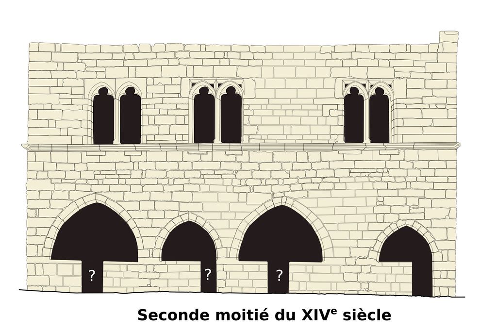 Relevé-restitution de l’élévation sur rue, seconde moitié du XIVe siècle (DAO : X. Pagazani, 2019).