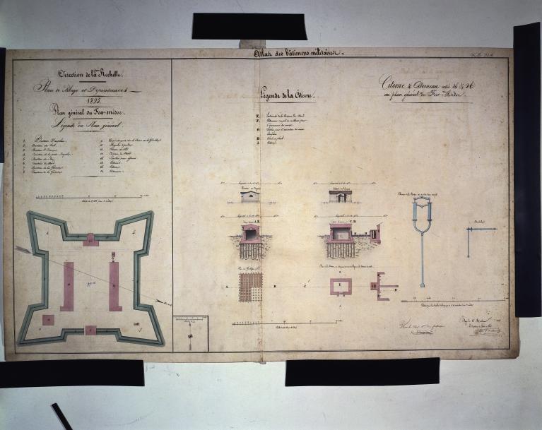 Plan général du fort, élévations et coupes de la citerne et citerneau.