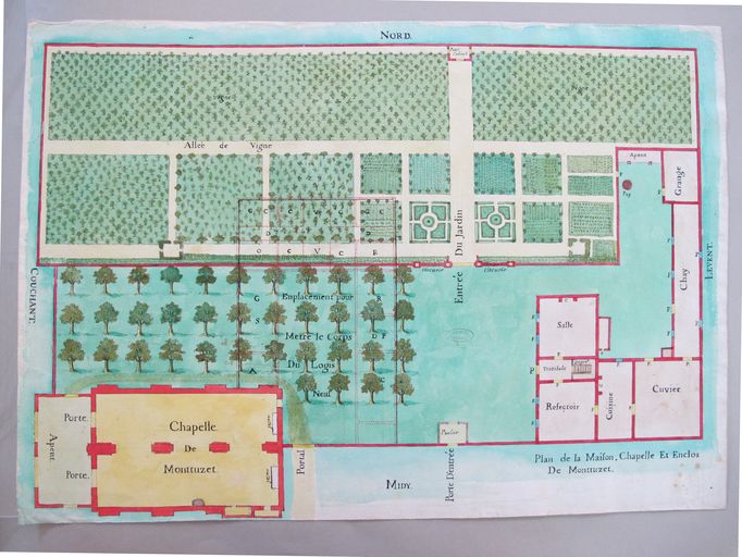 Plan de la maison, chapelle, clôture, vignes, jardin et enclos de Notre-Dame-de-Montuzet : état général des lieux et tracé du 