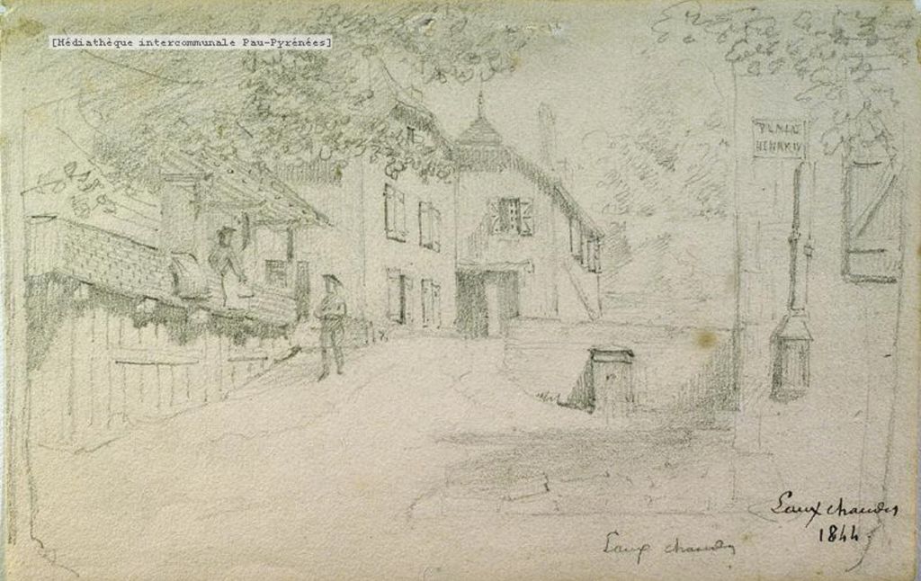 Eaux-Chaudes 1844. A gauche, maison Burgau (avec galerie en bois). A l'arrière-plan, maison Loustauneau. A droite, fontaine et élévation ouest du café Ambielle.