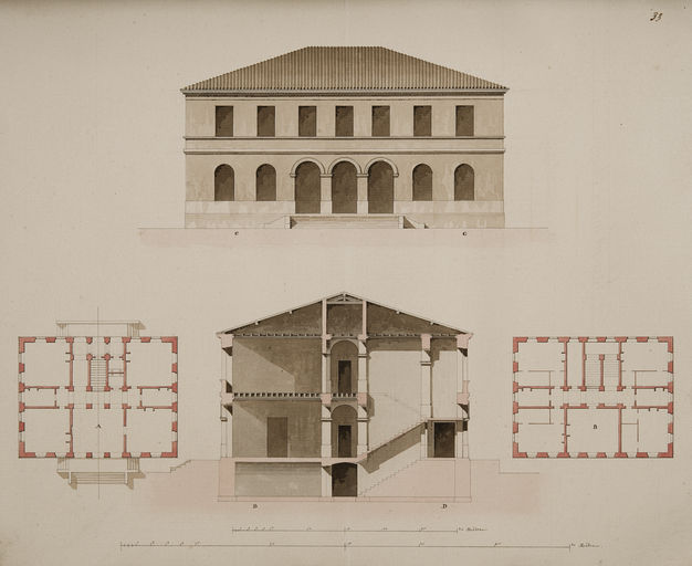 Plan, élévation et coupe du pavillon d'administration, folio 33.