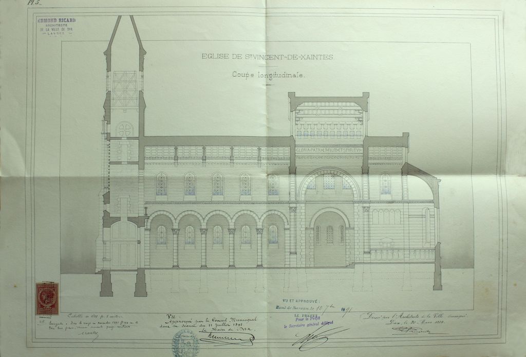 2e projet de reconstruction, par Edmond Ricard, 20 mars 1889 : coupe longitudinale.