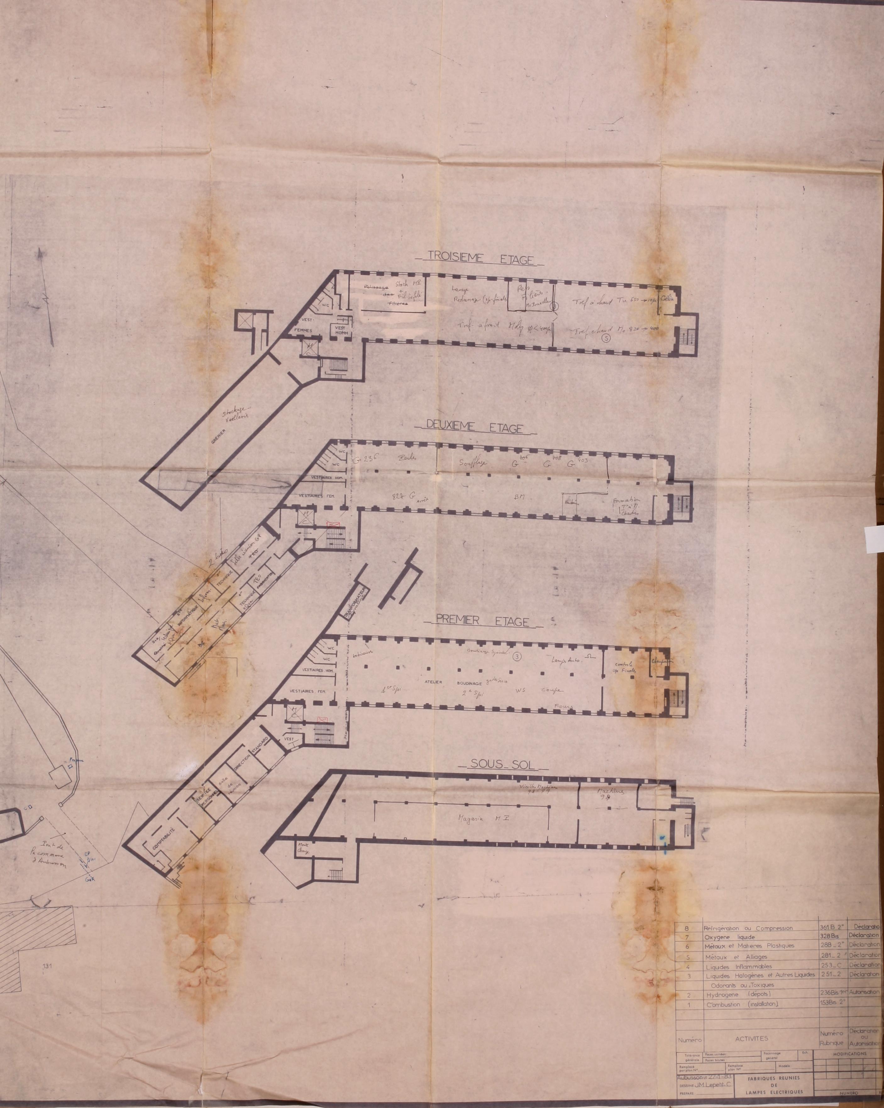 Plan du sous-sol et des étages du bâtiment A de la FRLE (1974) (AC Aubusson).