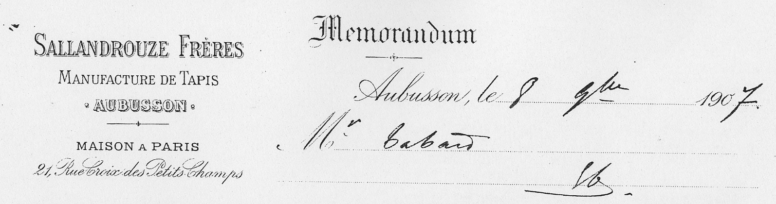 En-tête d'une lettre de la manufacture Sallandrouze, en 1907 (Aubusson, centre de documentation du Musée départemental de la Tapisserie)