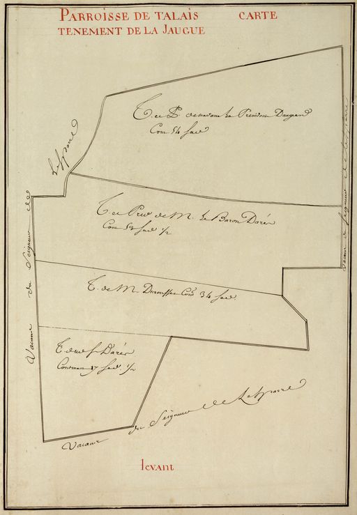 Extrait du plan de la paroisse de Talais, 2ème moitié du 18e siècle : Tènement de la Jauge.