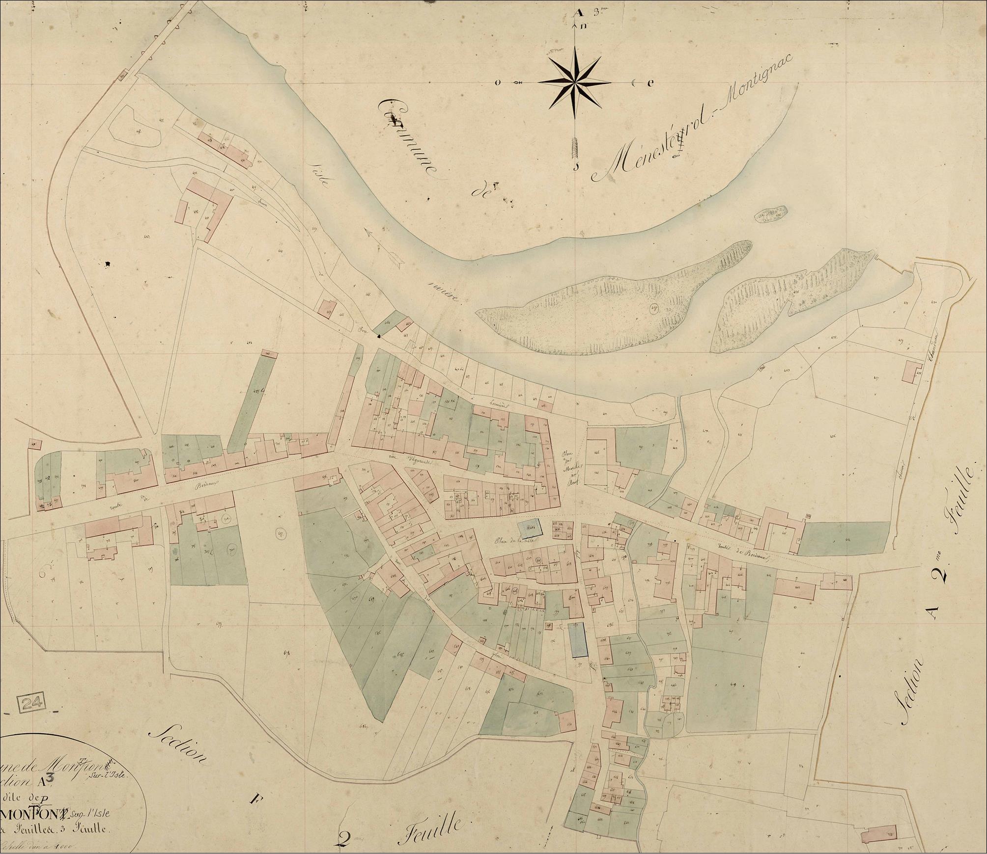 Détail du plan cadastral de Montpon-sur-l'Isle : le bourg, 1843. Section Montpon, feuille A3.