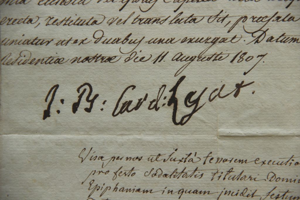 Dîplôme d'érection d'une confrérie du Sacré-Coeur à Mugron, par le cardinal Giovanni Battista Caprara, légat du pape en France, 11 aout 1807 (AP Mugron) : signature du cardinal Caprara.