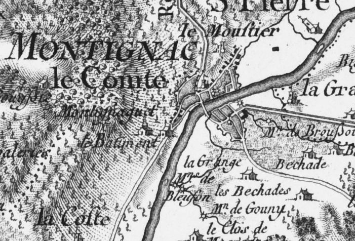 Extrait de la carte de Belleyme, planche 23, levée en 1768 : l'église du prieuré y figure à l'ouest du couvent des Cordeliers, sur la rive gauche de la Vézère.