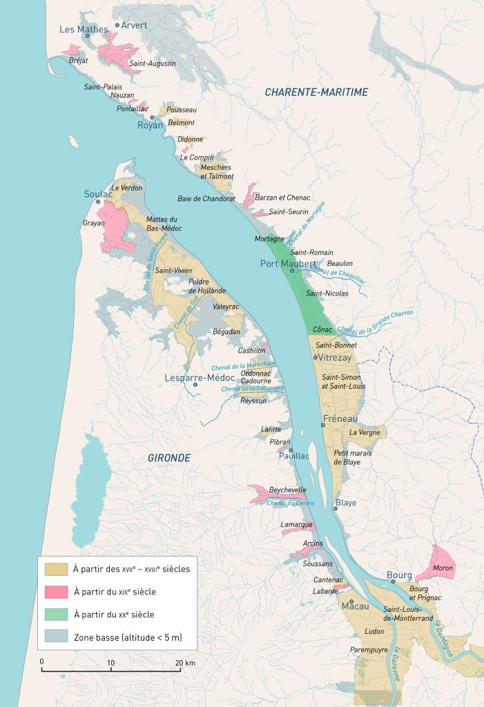 Carte des principales phases d'assèchement des marais.