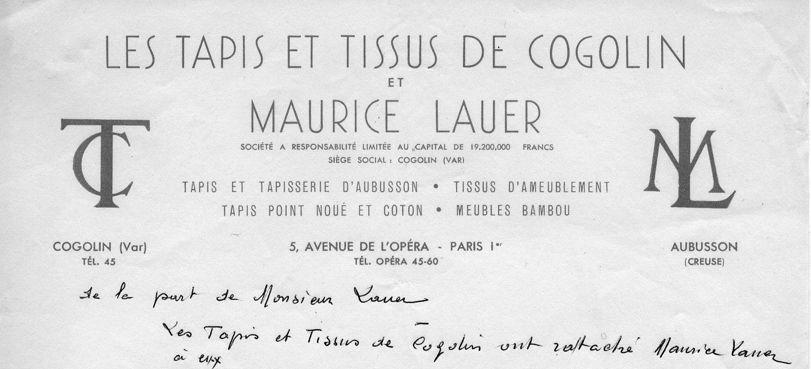 En-tête d'une lettre de la manufacture Maurice Lauer, 1961.
