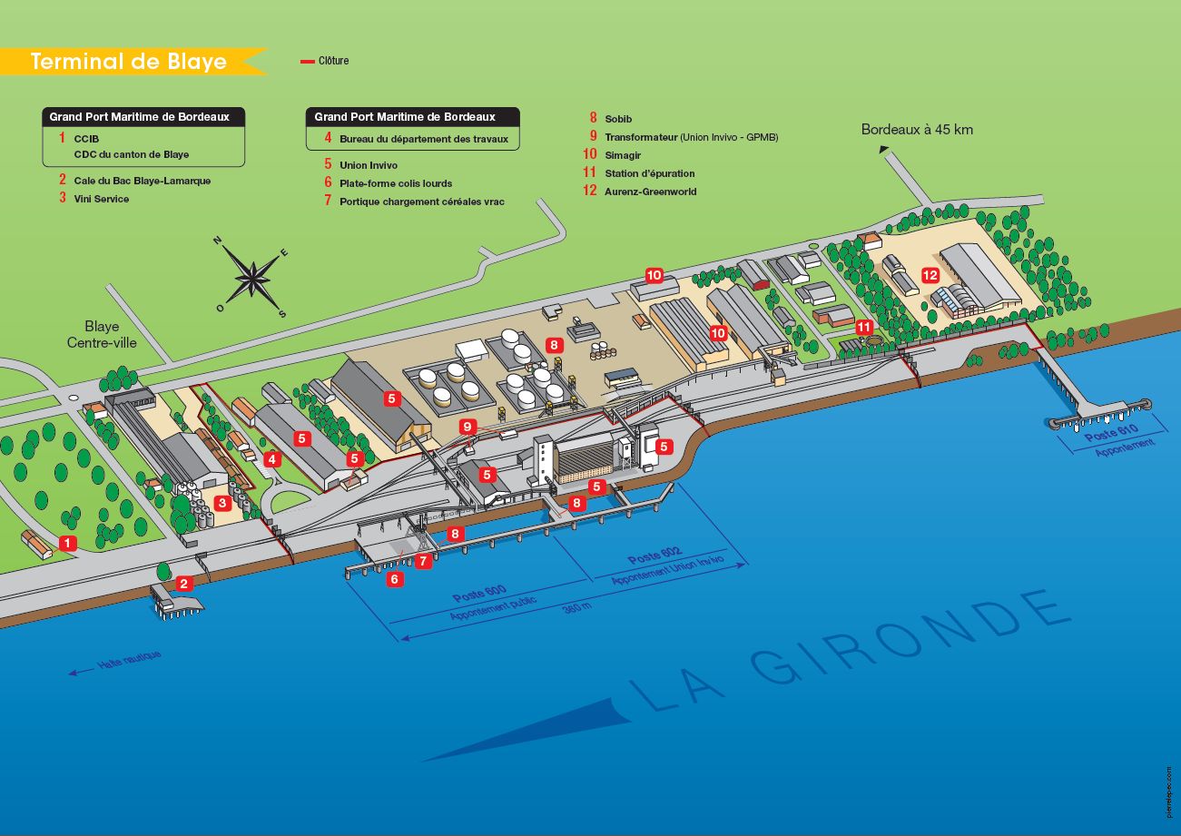 Plan général du terminal portuaire. Infographie Pierre Lepec (extrait de la fiche terminal de Blaye sur le site internet du Port de Bordeaux).