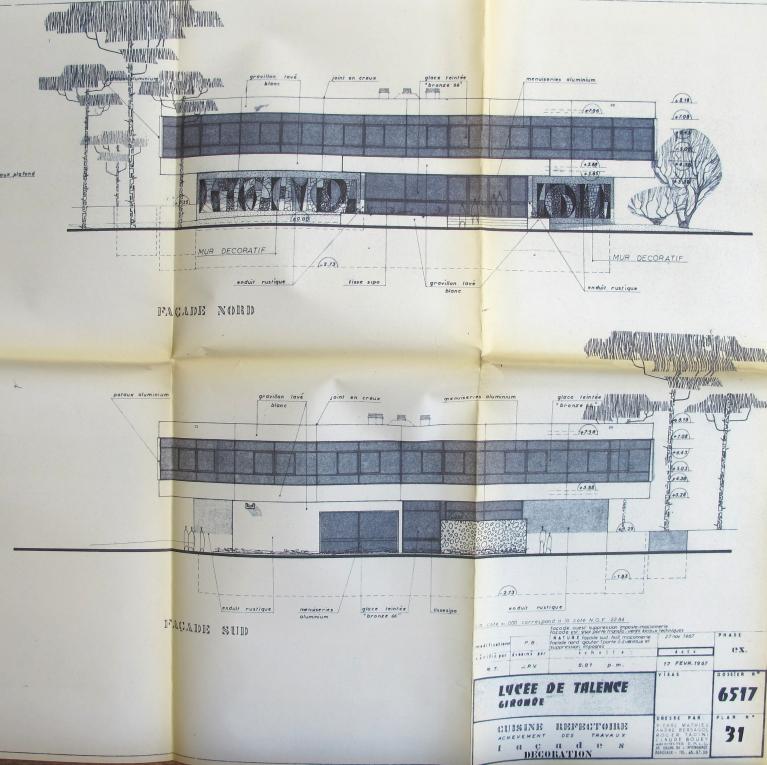 Plan des façades du réfectoire. Achèvement des travaux. Décoration. Agence Pierre Mathieu, 17 février 1967. (ABM Fonds Mathieu 80 S)