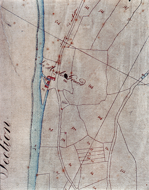 Extrait du plan cadastral de 1812, levé par le géomètre Charrière : section A, le Moulin-Grand, parcelles 530, 527, 528, 529, 531, 532 (AC Aubusson).