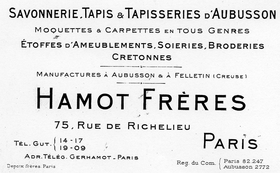 Carte de visite de la manufacture Hamot (1er quart 20e siècle) (Aubusson, centre de documentation du musée départemental de la Tapisserie) 