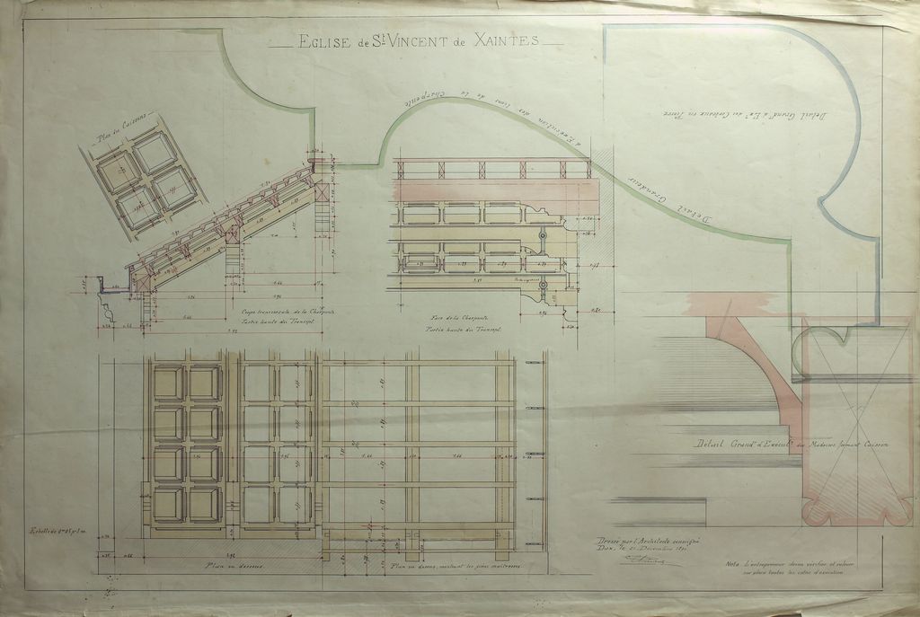 3e projet de reconstruction, par Edmond Ricard, 21 décembre 1891 : plafonds et charpentes.