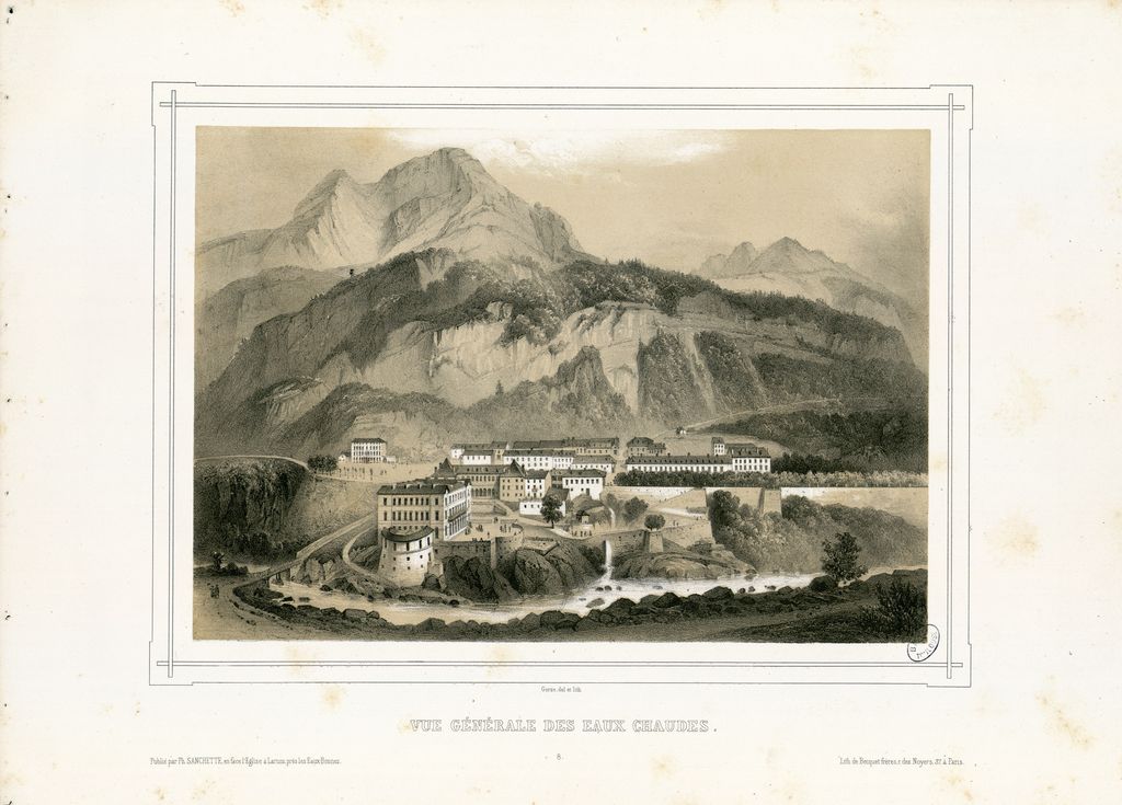 Vue générale des Eaux-Chaudes, par Pierre Gorse, vers 1860. A droite, en longueur, cabane dite Le Château.