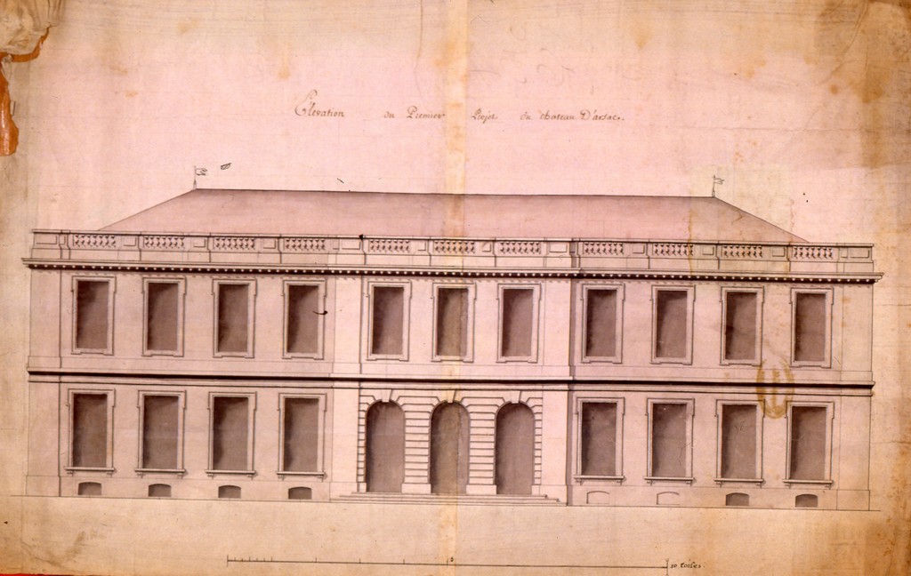 Élevation du premier projet du château d'Arsac par Bonfin, vers 1768.
