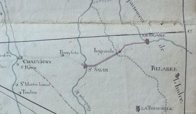 Carte générale et tableau statistique des routes royales et départementales de la Vienne, 1823. Détail : environs de Saint-Savin. En rouge, sections entièrement terminées.