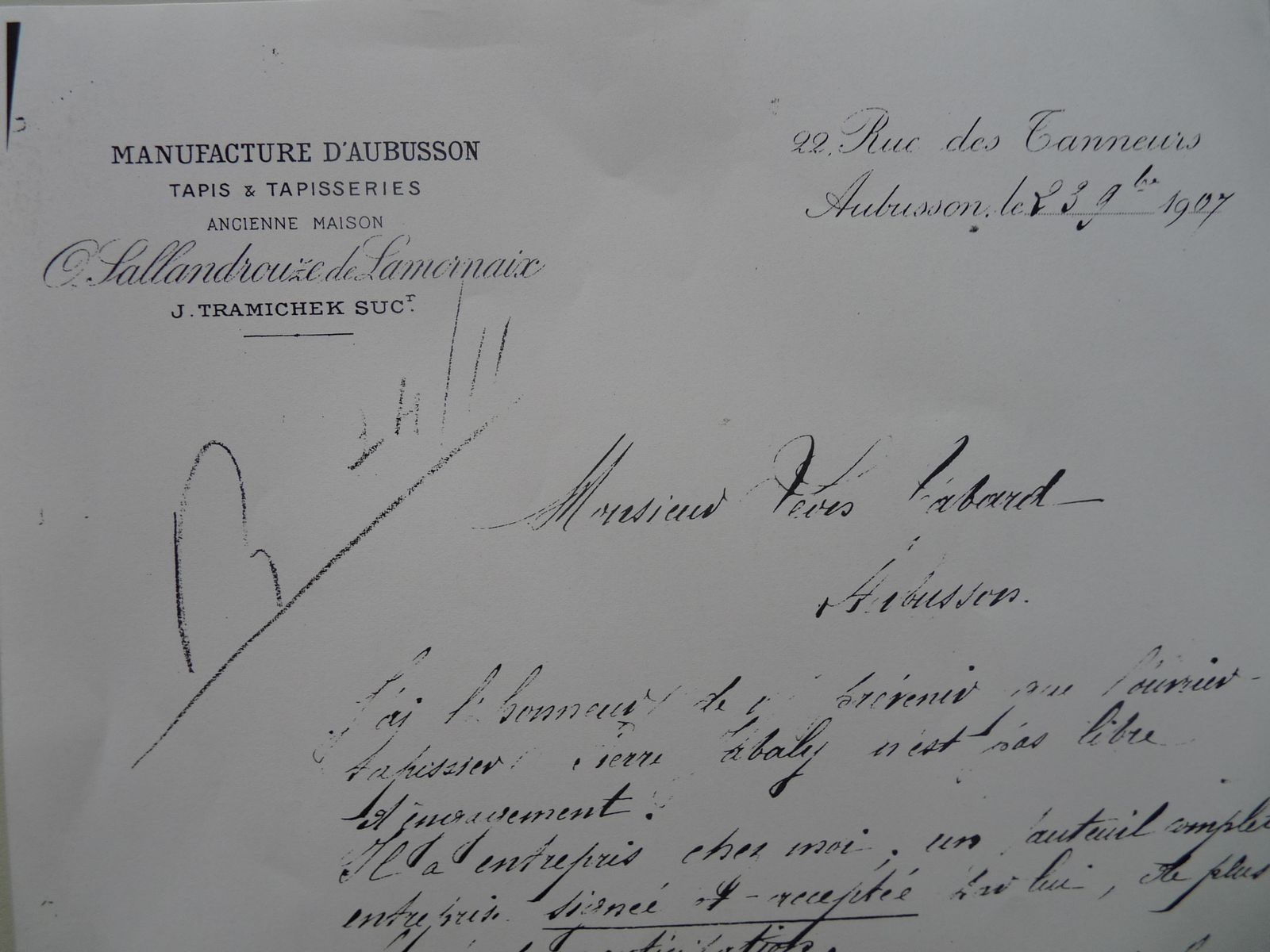 En-tête d'une lettre de la manufacture J. Tramichek successeurs, 1907 (Aubusson, centre de documentation du musée départemental de la Tapisserie)
