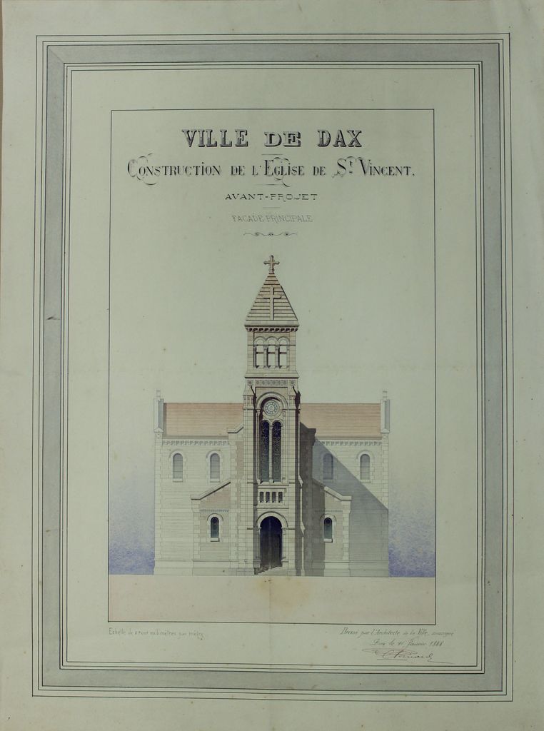 Avant-projet de reconstruction, par Edmond Ricard, 10 janvier 1888 : façade principale.