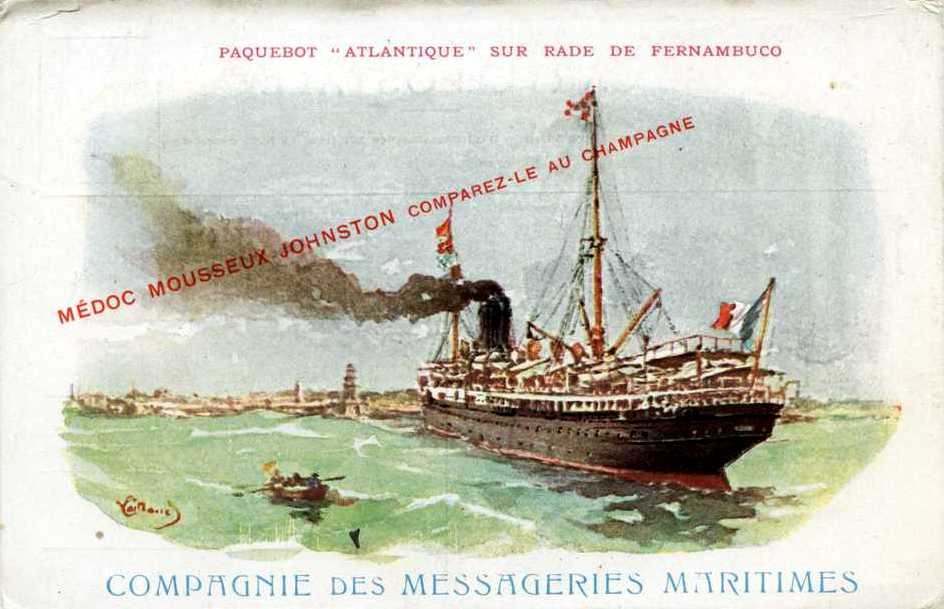 Carte postale. Coll. part. Publicité du vin mousseux Johnston sur la Compagnie des Messageries Maritimes, vers 1900.