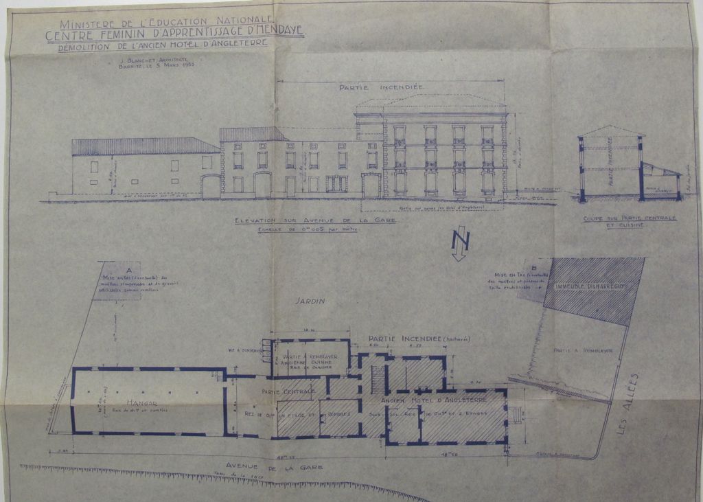 Plan de l'ancien hôtel d'Angleterre sur l'emplacement duquel doit être construit le Centre d'apprentissage d'Hendaye, J. Blanchet, Biarritz le 5 mars 1953. (Coll. lycée)