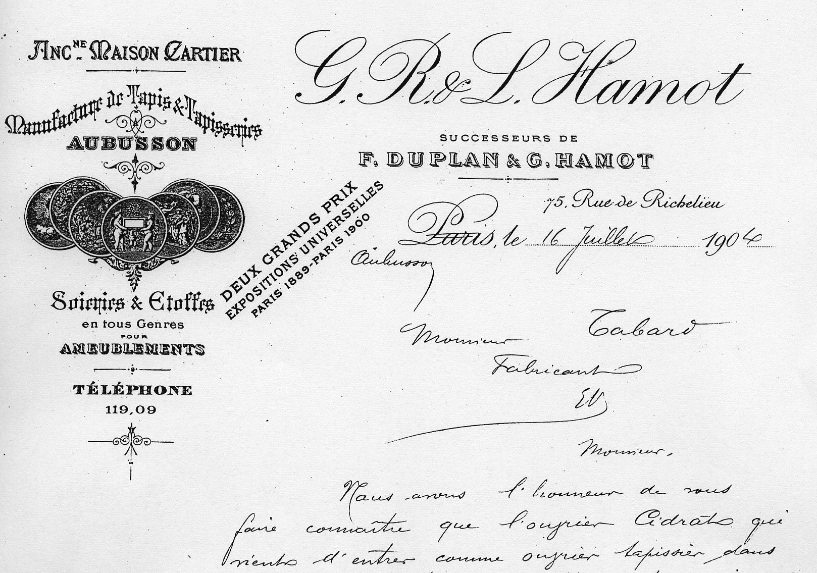 En-tête d'un courrier de la manufacture Hamot (1904) (Aubusson, centre de documentation du musée départemental de la Tapisserie).
